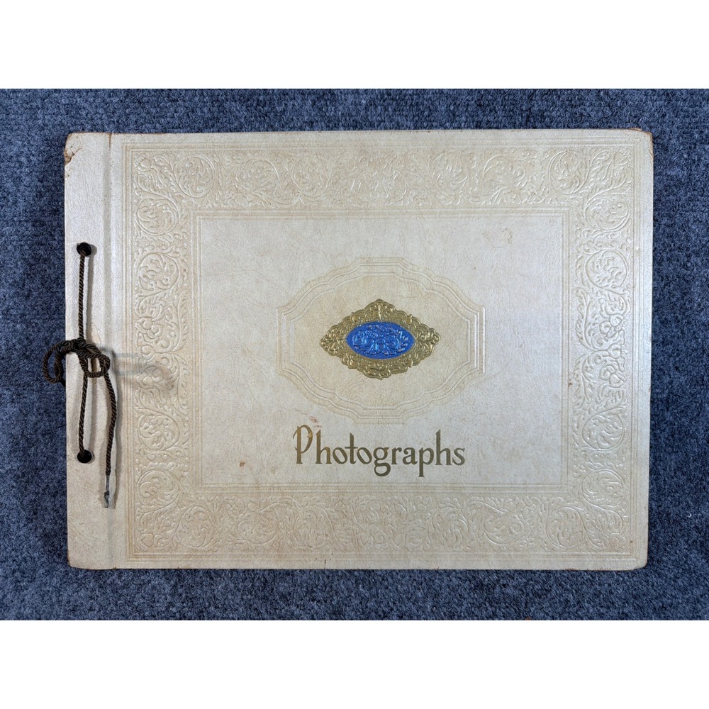 VTG Antique Leather Photo Album 1930s -40s String Bound Cream Embossed Ephemera